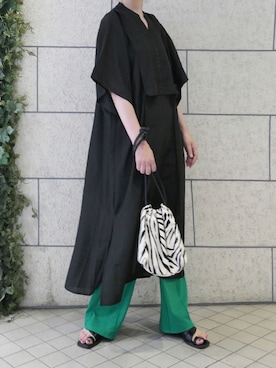 「CORNERS（コーナーズ）のスラブジョーゼットカフタンシャツワンピース（シャツワンピース）」を使った、kuririnさん（レディース・159cm）の夏コーディネート