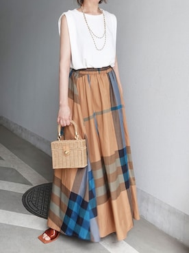 「CORNERS（コーナーズ）のスクエアカゴバニティバッグ（かごバッグ）」を使った、kuririnさん（レディース・159cm）の夏コーディネート