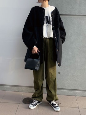 「CORNERS（コーナーズ）のサスペンダー付きカーゴパンツ（カーゴパンツ）」を使った、kuririnさん（レディース・159cm）の秋コーディネート