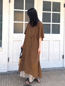 「CORNERS（コーナーズ）の【インフルエンサーKRさん×CORNERSコラボ】スラブジョーゼットカフタンシャツワンピース（シャツワンピース、イエロー系）」を使った、kuririnさん（レディース・159cm）の夏コーディネート