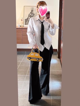 「PAMEO POSE（パメオポーズ）の2way Tuck Pants（スラックス、ブラック系）」を使った、致し方なく課金さん（レディース・157cm）の春コーディネート