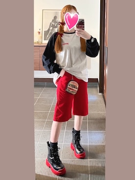 「MONO-MART LADY'S（モノマートレディース）の【Wendy's】別注 ウェンディーズ ヴィンテージプリント ラグランスリーブ長袖Tシャツ（Tシャツ/カットソー、ブラック系）」を使った、致し方なく課金さん（レディース・157cm）の夏コーディネート