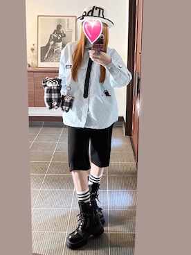 「graniphのIKAKU♡ストライプシャツ（シャツ/ブラウス、ブルー系）」を使った、致し方なく課金さん（レディース・157cm）の春コーディネート