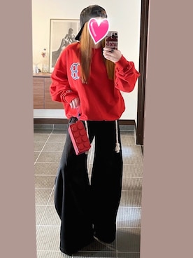 「LOWRYS FARM（ローリーズファーム）のMLB/BIGウラケプルオーバー 105806（Tシャツ/カットソー、レッド系）」を使った、致し方なく課金さん（レディース・157cm）の春コーディネート