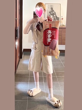 「STYLENANDA（スタイルナンダ）のハーフサロペット♡（サロペット/オーバーオール、ベージュ系）」を使った、致し方なく課金さん（レディース・157cm）の夏コーディネート