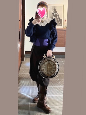 「mebole（メボレ）のレースアップバックルロングブーツ（ブーツ、ブラウン系）」を使った、致し方なく課金さん（レディース・157cm）の春コーディネート