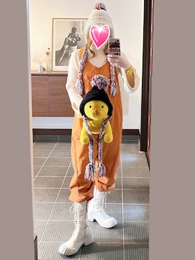 「アイテム（サロペット/オーバーオール）」を使った、致し方なく課金さん（レディース・157cm）の冬コーディネート