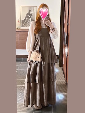 「sakishimatokyo（サキシマトーキョー）の【India Fabric】ティアードキャミワンピ（ワンピース、ブラウン系）」を使った、致し方なく課金さん（レディース・157cm）の秋コーディネート