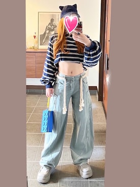 「ポロシャツのボーダー♡（ポロシャツ、ブルー系）」を使った、致し方なく課金さん（レディース・157cm）の夏コーディネート