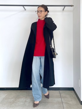 「ラフコーデ」｜「アイテム（ノーカラーコート）」を使った、tomocoさん（レディース・158cm）の冬コーディネート