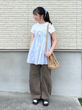 「niko and...（ニコアンド）のオリジナルキルティングサンダル（サンダル、ブラック系）」を使った、M&Kさん（キッズ・142cm）の夏コーディネート