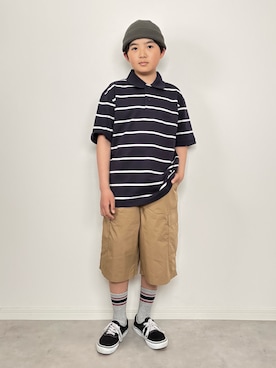 「UNIQLO（ユニクロ）のアイテム（ポロシャツ、ブルー系）」を使った、M&Kさん（キッズ・142cm）の春コーディネート