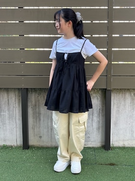 「UNIQLO（ユニクロ）のアイテム（Tシャツ/カットソー、ホワイト系）」を使った、M&Kさん（キッズ・142cm）の夏コーディネート