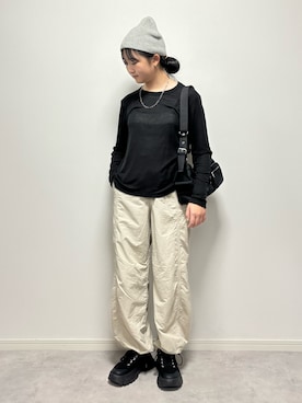 「アイテム（ニットキャップ/ビーニー）」を使った、M&Kさん（レディース・154cm）の秋コーディネート