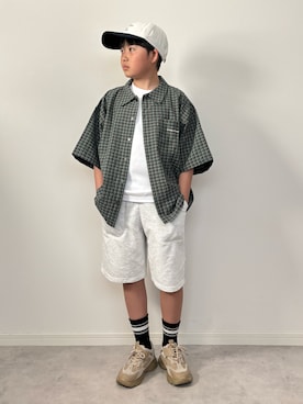 「PAIRMANON STREET（ペアマノンストリート）の【90-160cm】サッカーチェック オーバーサイズ 半袖シャツ【PAIRMANON STREET】（シャツ/ブラウス、グリーン系）」を使った、M&Kさん（キッズ・142cm）の夏コーディネート