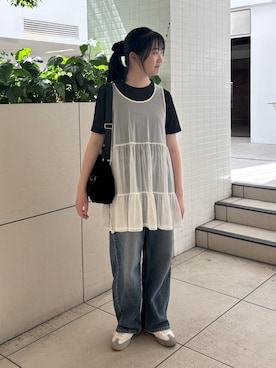 「GU（ジーユー）のアイテム（Tシャツ/カットソー、ブラック系）」を使った、M&Kさん（キッズ・142cm）の夏コーディネート