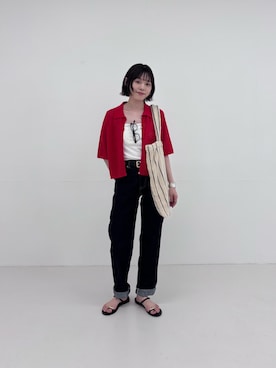 「URBAN RESEARCH（アーバンリサーチ）のシャツカラーレースニット（ニット/セーター、レッド系）」を使った、Rさん（レディース・156cm）の春コーディネート