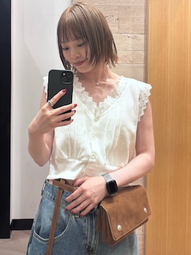 「URBAN RESEARCH（アーバンリサーチ）のcrinkle crinkle crinkle　WAFFLE FRILL VEST（ベスト、ホワイト系）」を使った、Rさん（レディース・156cm）の夏コーディネート