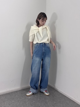 「URBAN RESEARCH ROSSO（アーバンリサーチロッソ）のストール付ハーフスリーブファーニット（ニット/セーター、ホワイト系）」を使った、Rさん（レディース・156cm）の秋コーディネート