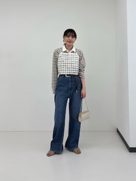 「URBAN RESEARCH（アーバンリサーチ）のシャツカラーマルチボーダーカットソー（シャツ/ブラウス、ホワイト系）」を使った、Rさん（レディース・156cm）の春コーディネート