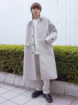 「JUNRED（ジュンレッド）のドルマンバルカラーオーバーコート（ステンカラーコート）」を使った、omatsuさん（メンズ・169cm）の冬コーディネート