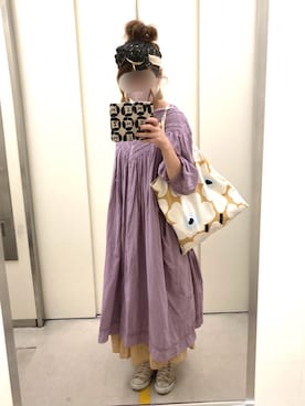 「marimekko（マリメッコ）のアイテム（トートバッグ、ベージュ系）」を使った、sakiさん（レディース・167cm）の夏コーディネート