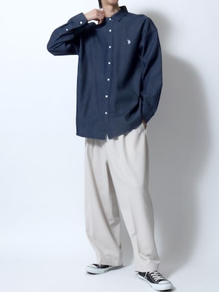 「U.S. POLO ASSN.（ユーエスポロアッスン）のU.S. POLO ASSN./ユーエスポロアッスン オーバーサイズ ワンポイント刺繍 ブロード デニム 無地 チェック レギュラーカラーシャツ 長袖シャツ レディース メンズ（シャツ/ブラウス）」を使った、SITRYさん（メンズ・181cm）の春コーディネート