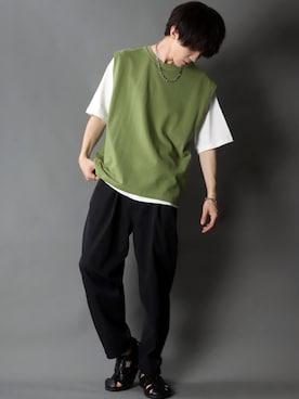 「SITRY（シトリー）のloose tapered tuck wide Pants/ルーズ テーパード タック ワイドパンツ（スラックス）」を使った、SITRYさん（メンズ・178cm）の夏コーディネート
