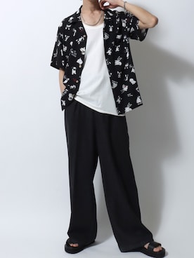 「SITRY（シトリー）の2026SS Rayon Aloha Shirt/レーヨン アロハシャツ 総柄シャツ オープンカラーシャツ（シャツ/ブラウス、ブラック系）」を使った、SITRYさん（メンズ・181cm）の夏コーディネート