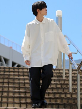 「SITRY（シトリー）のloose tapered tuck wide Pants/ルーズ テーパード タック ワイドパンツ（スラックス）」を使った、SITRYさん（メンズ・178cm）の秋コーディネート
