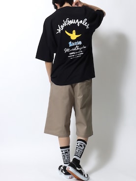 「Mark Gonzales（マーク・ゴンザレス）の2026SS新柄追加 MARK GONZALES ARTWORK COLLECTION/マークゴンザレス 別注 ワンポイント刺繍 バックプリント オーバーサイズ 半袖Tシャツ レディース メンズ（Tシャツ/カットソー、ブラック系）」を使った、SITRYさん（メンズ・181cm）の夏コーディネート