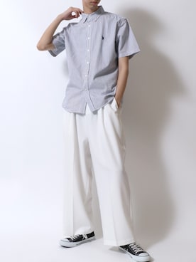 「アイテム（スラックス、ホワイト系）」を使った、Kanoさん（メンズ・178cm）の夏コーディネート