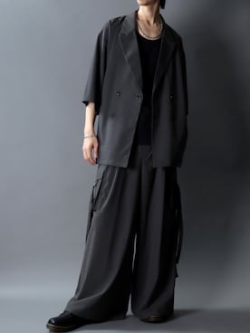 「SITRY（シトリー）のHalf Sleeve Double-Breasted Tailored Jacket/オーバーサイズ ドレープ 半袖 ダブルテーラードジャケット セットアップ対応（テーラードジャケット、グレー系）」を使った、SITRYさん（メンズ・181cm）の春コーディネート