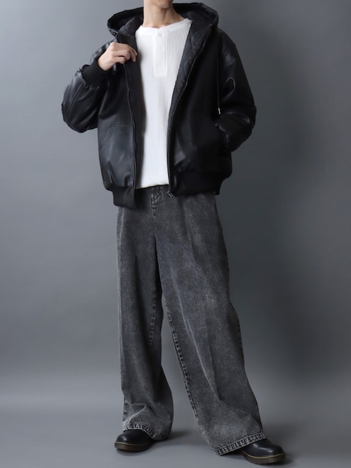 セール】Synthetic Leather Zip Hoodie/フェイクレザー オーバーサイズ