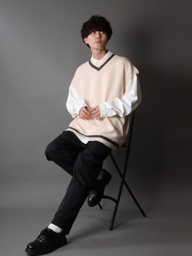 「SITRY（シトリー）のloose tapered tuck wide Pants/ルーズ テーパード タック ワイドパンツ（スラックス）」を使った、SITRYさん（メンズ・178cm）の秋コーディネート