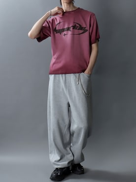 「SITRY（シトリー）のSpray coating Teleco T-Shirt/グランジ スプレー加工 ショート丈 テレコ 半袖Tシャツ レディース メンズ（Tシャツ/カットソー、ピンク系）」を使った、SITRYさん（メンズ・181cm）の夏コーディネート
