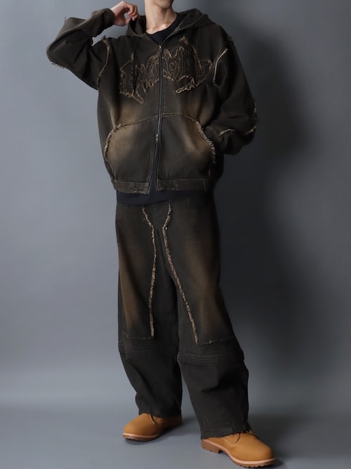 セール】Tribal Design Fringe Denim Hoodie/トライバルロゴ フリンジ