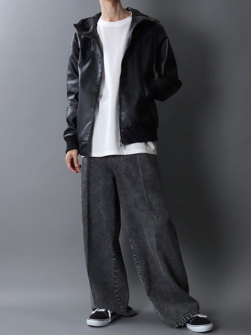 【archive】レザージャケット　パーカー　L 牛革 インナー総柄　シボ　黒 archive】レザージャケット パーカー L 牛革 インナー総柄 シボ 黒