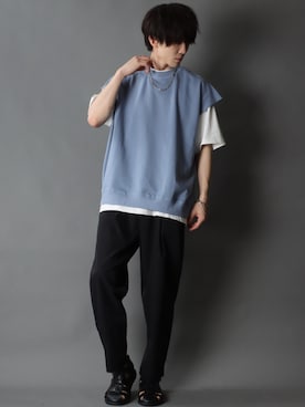 「SITRY（シトリー）のloose tapered tuck wide Pants/ルーズ テーパード タック ワイドパンツ（スラックス）」を使った、SITRYさん（メンズ・178cm）の夏コーディネート