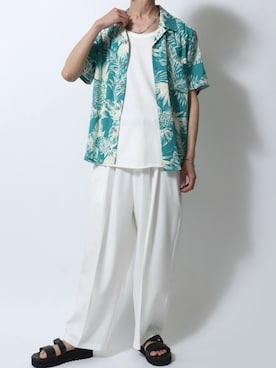 「SITRY（シトリー）の2026SS Rayon Aloha Shirt/レーヨン アロハシャツ 総柄シャツ オープンカラーシャツ（シャツ/ブラウス、グリーン系）」を使った、SITRYさん（メンズ・181cm）の夏コーディネート