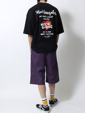 「Mark Gonzales（マーク・ゴンザレス）の2026SS新柄追加 MARK GONZALES ARTWORK COLLECTION/マークゴンザレス 別注 ワンポイント刺繍 バックプリント オーバーサイズ 半袖Tシャツ レディース メンズ（Tシャツ/カットソー、ブラック系）」を使った、SITRYさん（メンズ・181cm）の夏コーディネート
