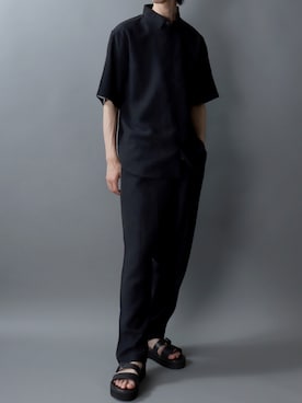 「SITRY（シトリー）のCool Linen Blend Shirt ＆ Tapered Trousers/セットアップ 2点セット オーバーサイズ 接触冷感 麻混 シャツ＆テーパードパンツ 上下セット（セットアップ、ブラック系）」を使った、SITRYさん（メンズ・181cm）の春コーディネート