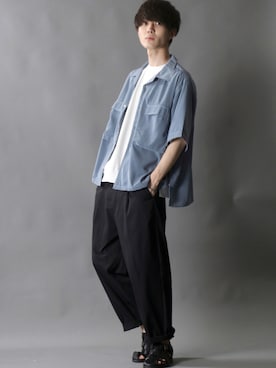 「SITRY（シトリー）のloose tapered tuck wide Pants/ルーズ テーパード タック ワイドパンツ（スラックス）」を使った、SITRYさん（メンズ・178cm）の夏コーディネート