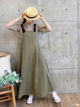 「カンカン帽」｜「アイテム（ジャンパースカート）」を使った、ten⭐︎ichiko       さん（レディース・157cm）の夏コーディネート