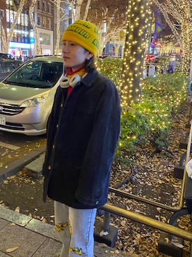 「HYSTERIC GLAMOUR（ヒステリックグラマー）のHYSTERIC POST柄 ニットキャップ（ニットキャップ/ビーニー、イエロー系）」を使った、karagさん（メンズ・169cm）の冬コーディネート