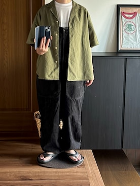 「カーキ」｜「アイテム（ビーチサンダル）」を使った、善さん（レディース・152cm）の夏コーディネート
