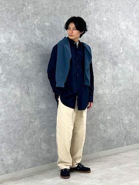 「アイテム（モカシン/デッキシューズ、ブルー系）」を使った、赤羅（akara）さん（メンズ・170cm）の冬コーディネート