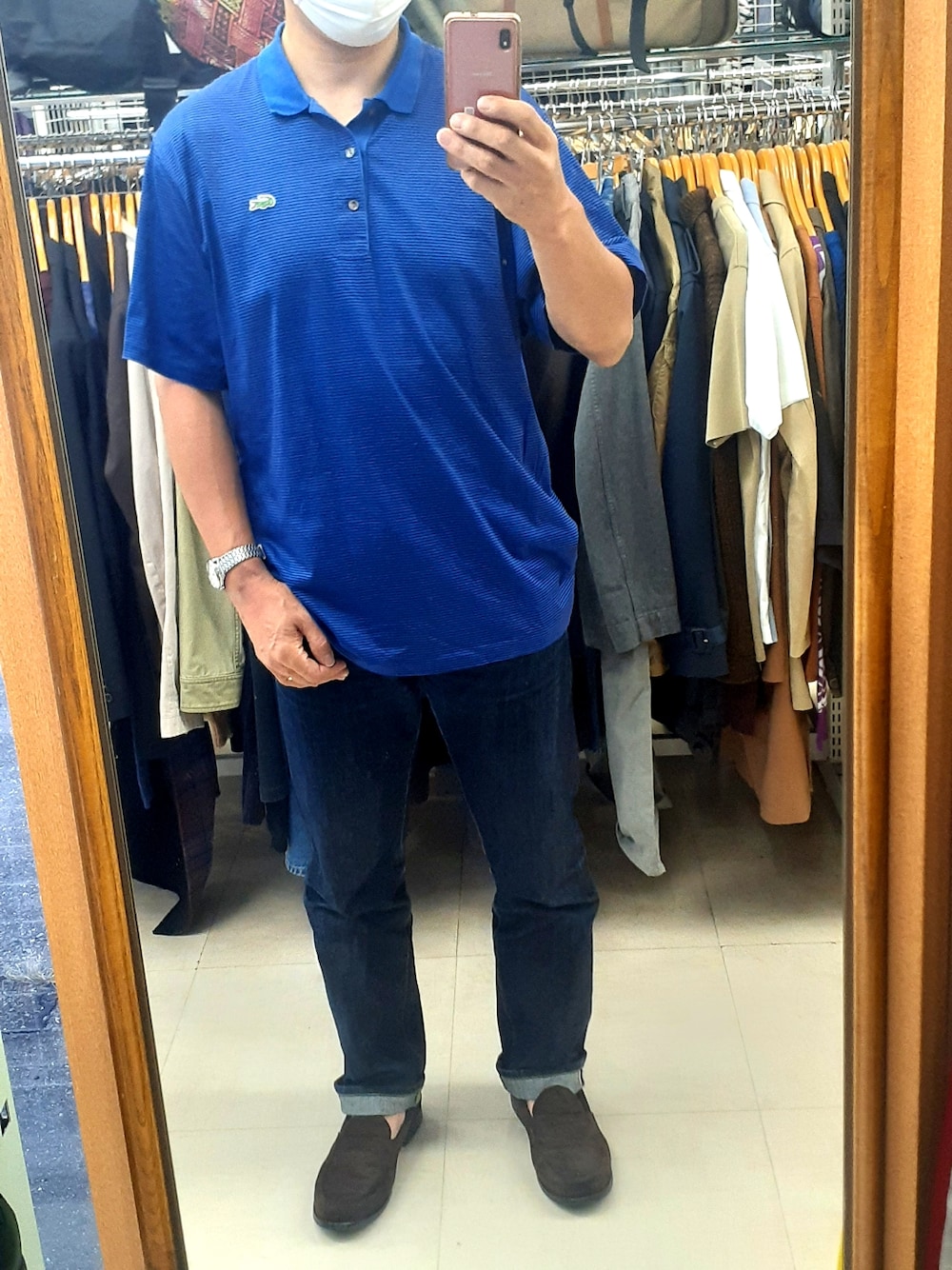 「シンプル、シンプルコーデ、ポロシャツ、ラコステ、LACOSTE、ボーダー、ブルー×ブルー、ブルージーンズ、カジュアル、カジュアルコーデ、ユニクロ、UNIQLO、ローファー、GU、きれいめカジュアル」｜「LACOSTEのアイテム（ポロシャツ、ブルー系）」を使った、ポッキーちゃんのお父さんさん（メンズ・176cm）の夏コーディネートの1枚目の写真