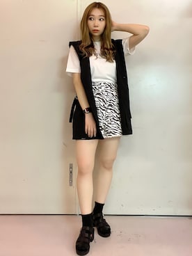 「PINK-latte（ピンクラテ）のアイテム（トップス、ブラック系）」を使った、 シマシマさん（レディース・152cm）の夏コーディネート