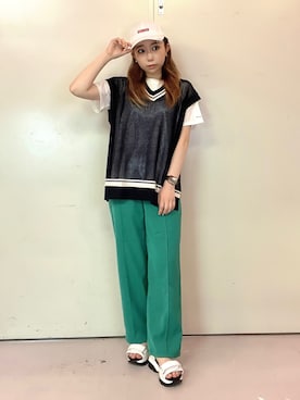 「PINK-latte（ピンクラテ）の【セットアイテム】BIGニットべスト+Tシャツセット（その他トップス、ブルー系）」を使った、 シマシマさん（レディース・152cm）の夏コーディネート